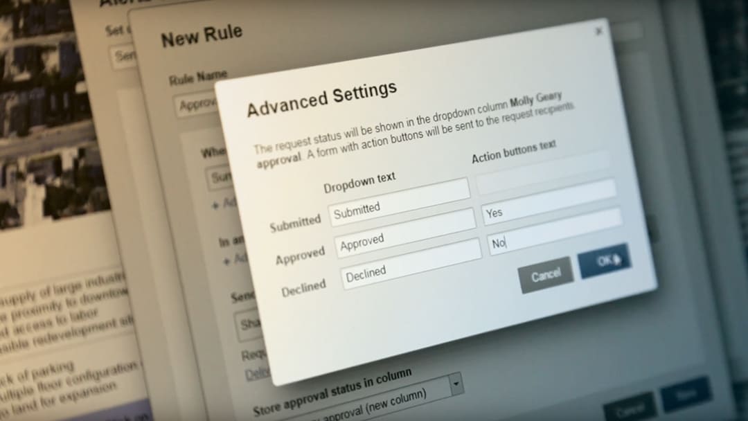 Close-up of a computer screen, where a worker sets up automated approval actions in Smartsheet