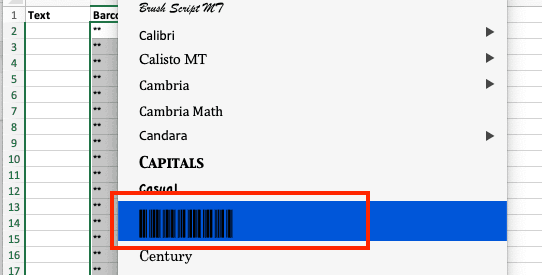 Creating Barcodes in Excel Select Font