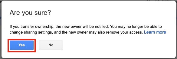 Google Drive Change Ownership Confirm