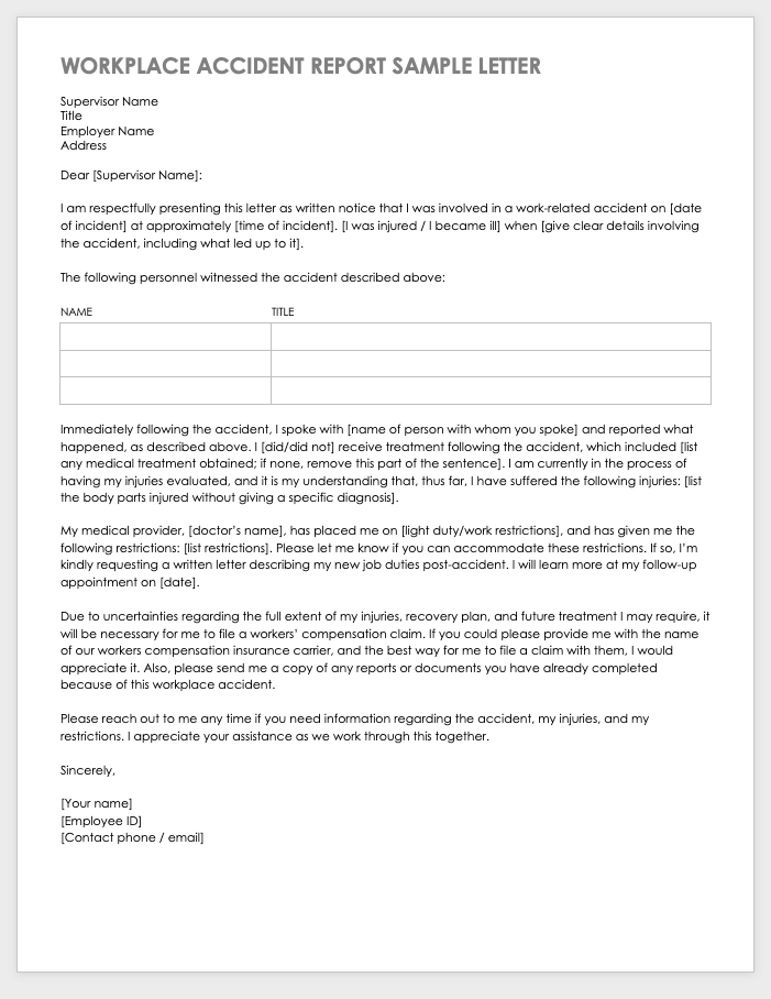 Workplace Accident Report Sample Letter