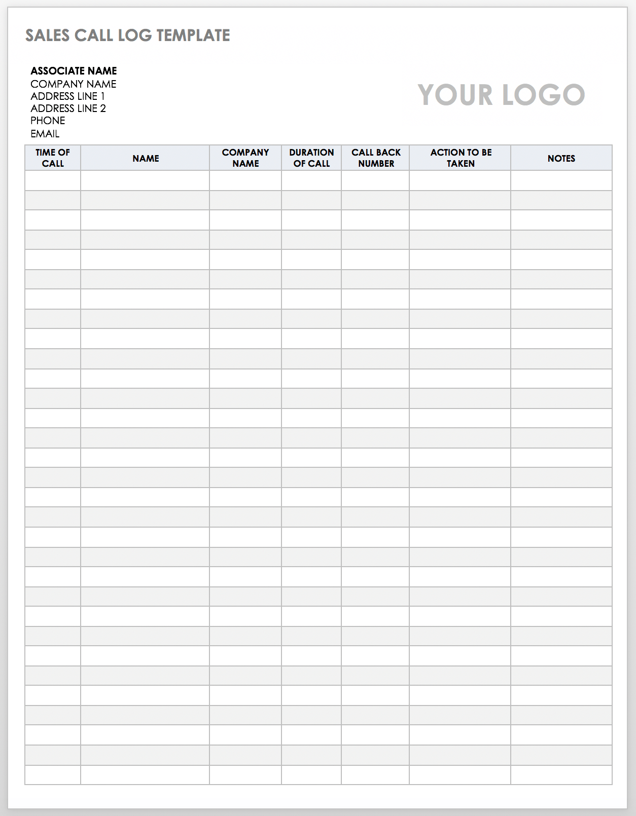 Sales Call Log Template