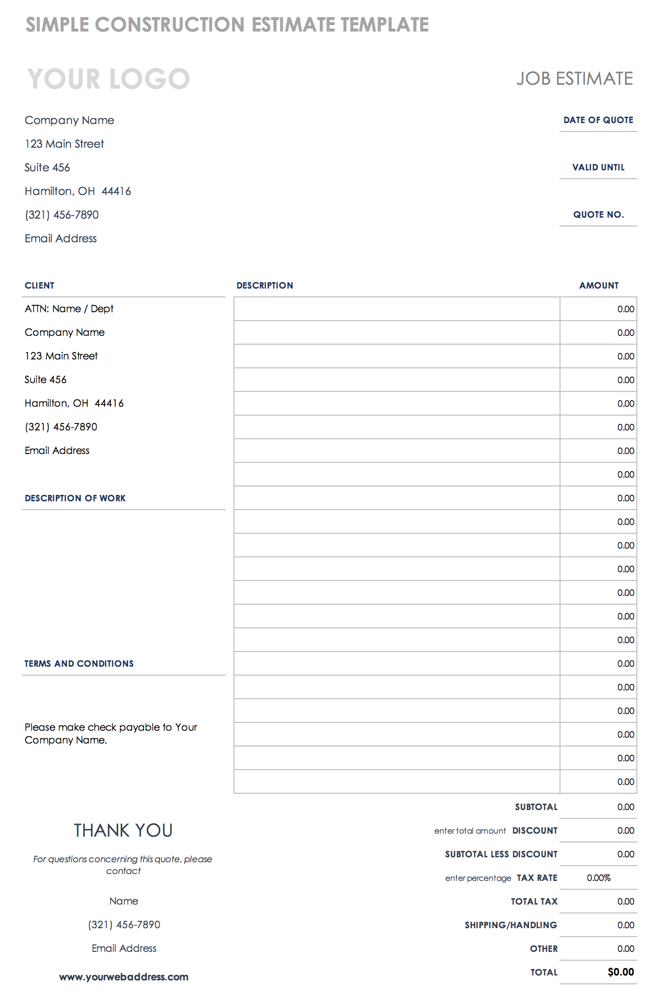 Simple Construction Estimate Template