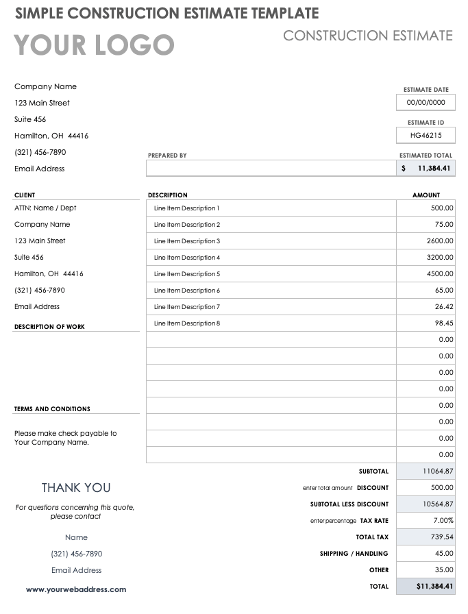 Simple Construction Estimate Template