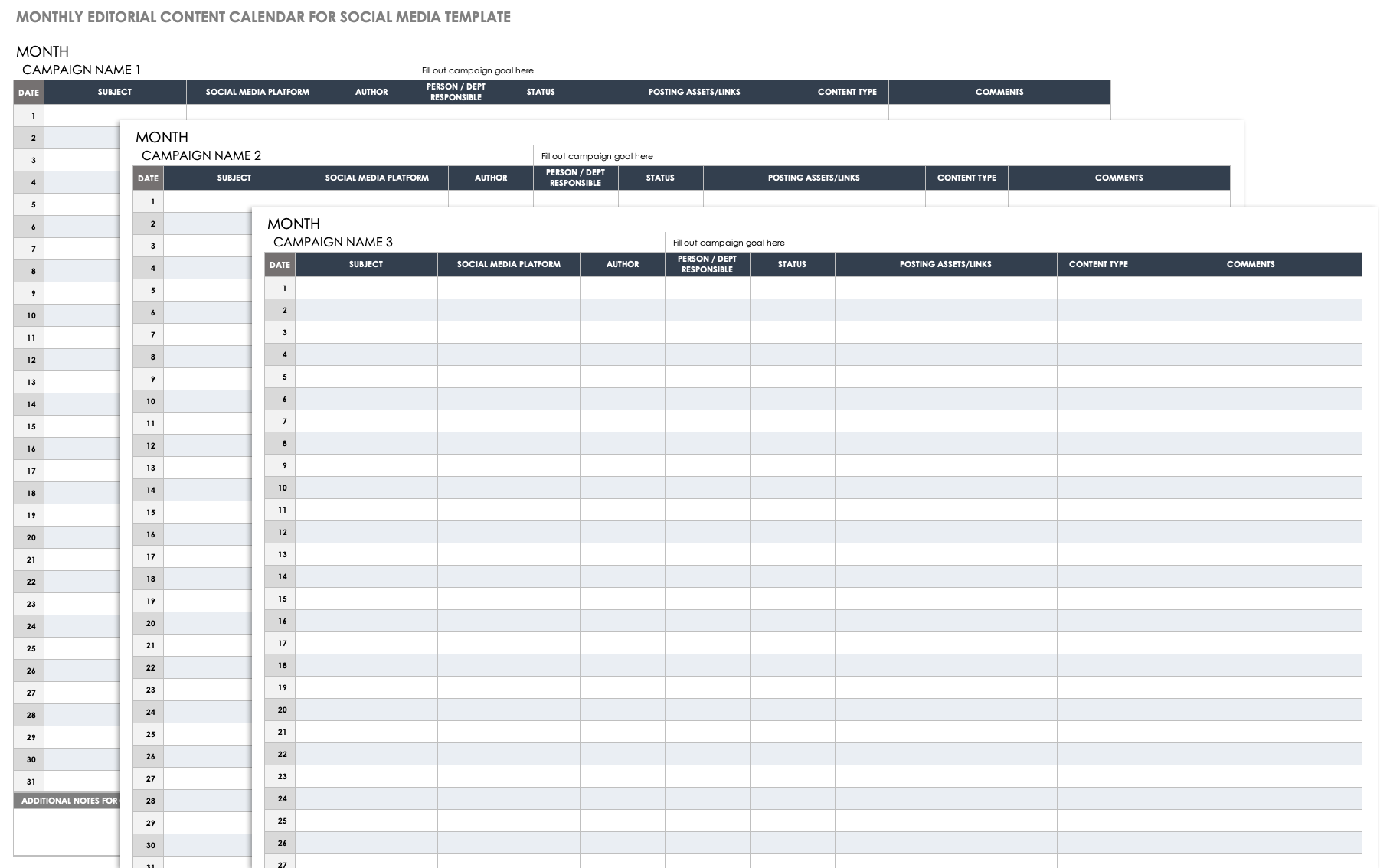 Monthly Editorial Content Calendar for Social Media Template