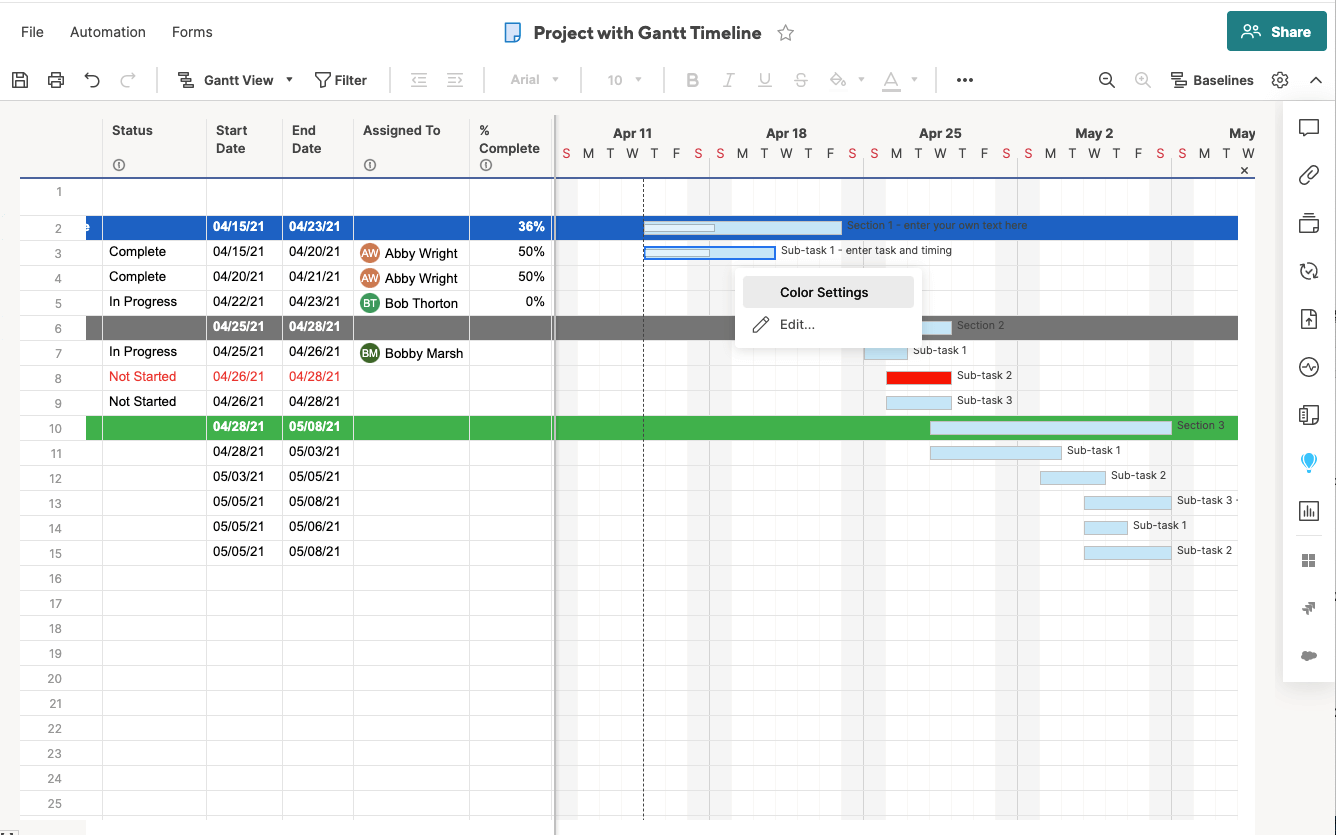 Customize gantt chart bar colors in Smartsheet