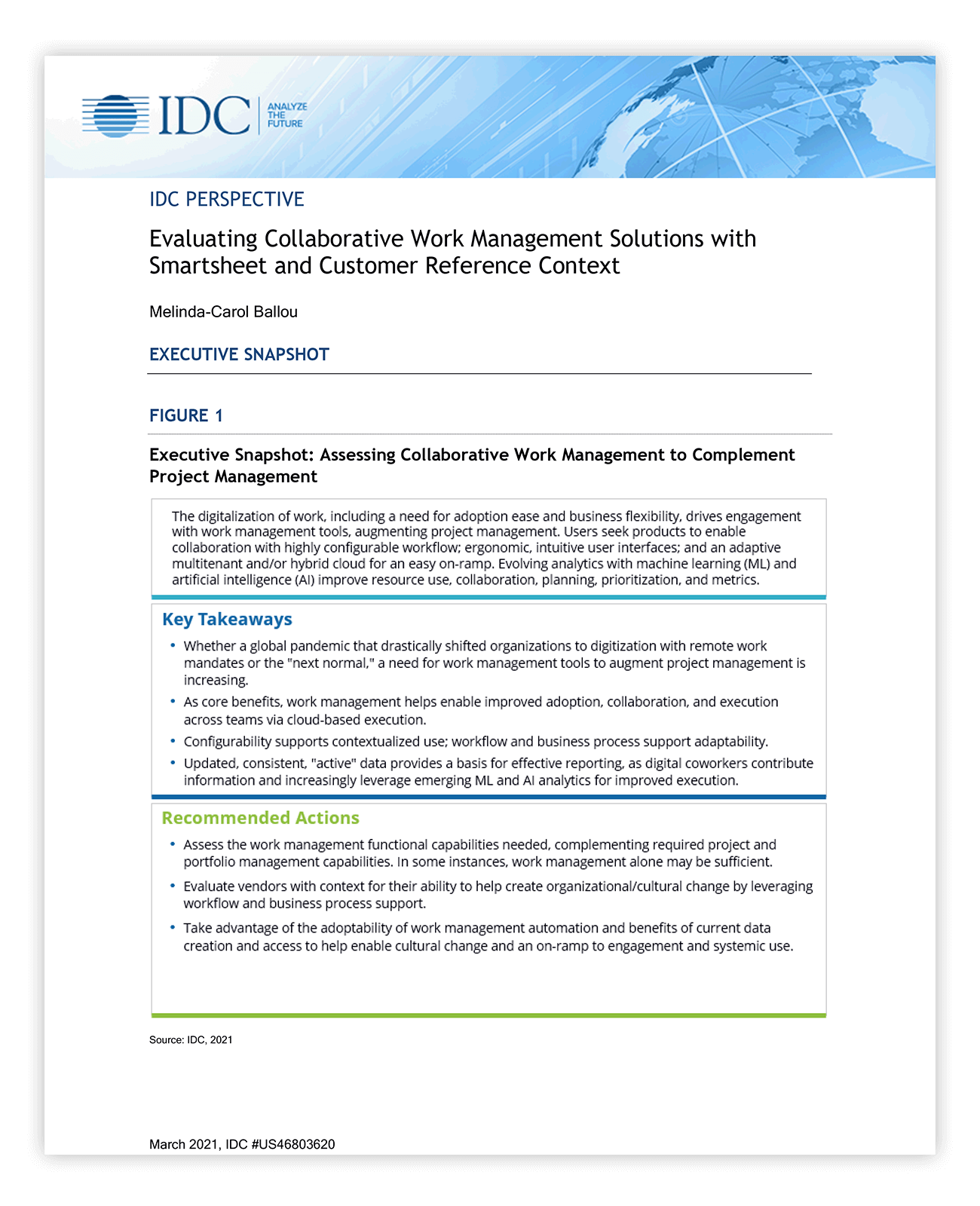 The cover of IDC's report titled Evaluating Project Management and Collaborative Work Management Solutions with Smartsheet and Customer Reference Context