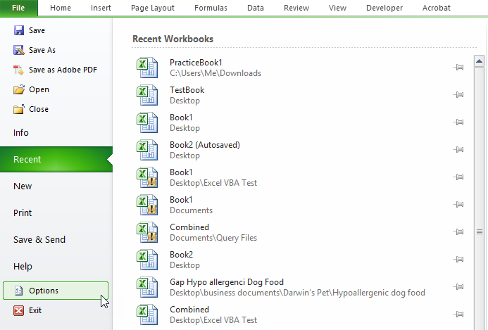 Select Options in Excel Workbook