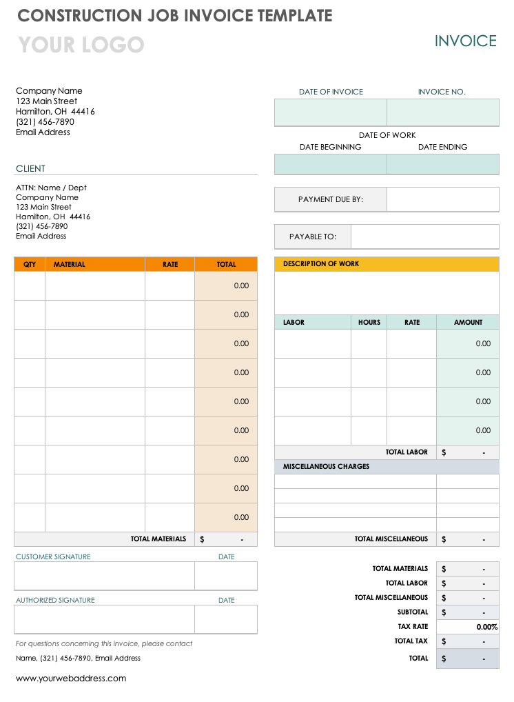 Construction Job Invoice Template