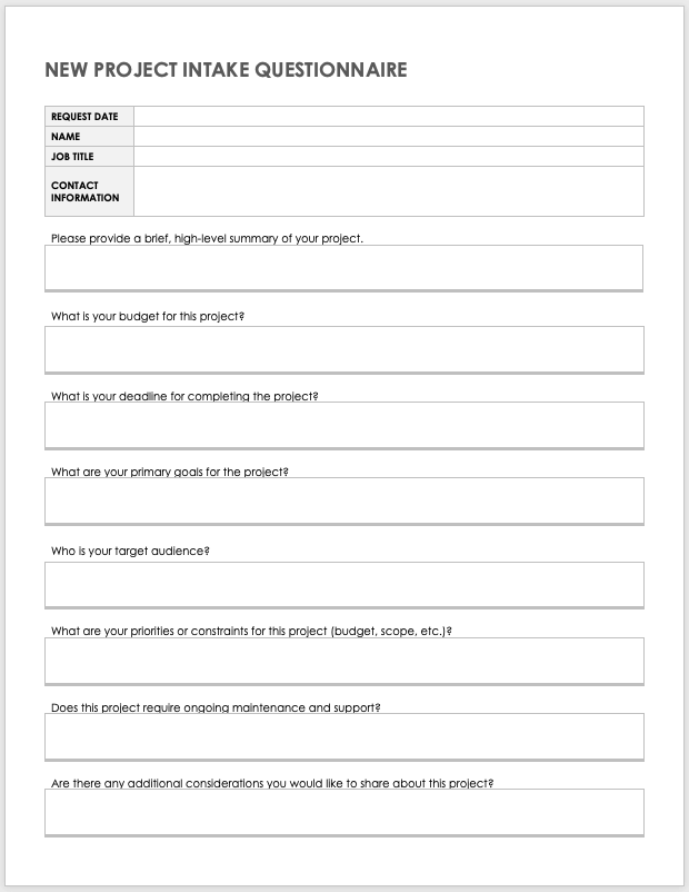 New Project Intake Questionnaire