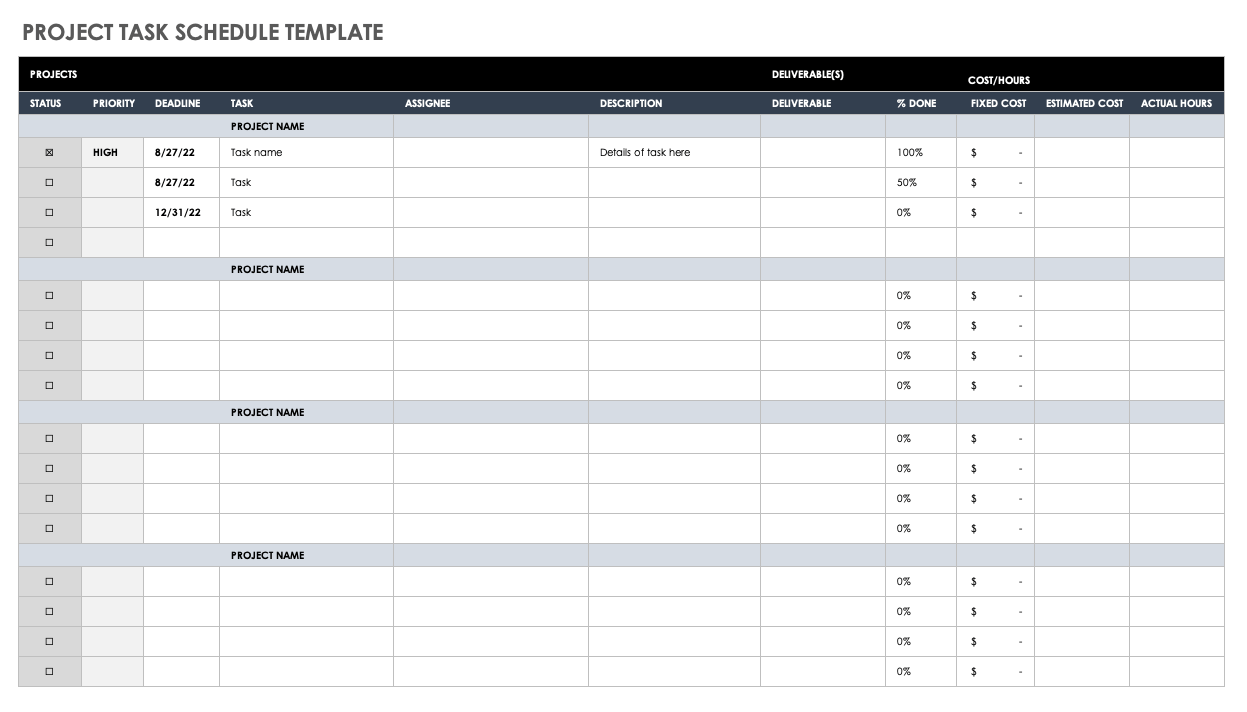 Project Task Schedule Template