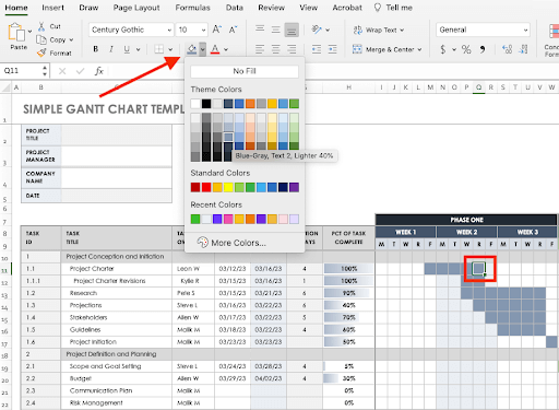 Roadmap Fill In the Gantt Chart Cells