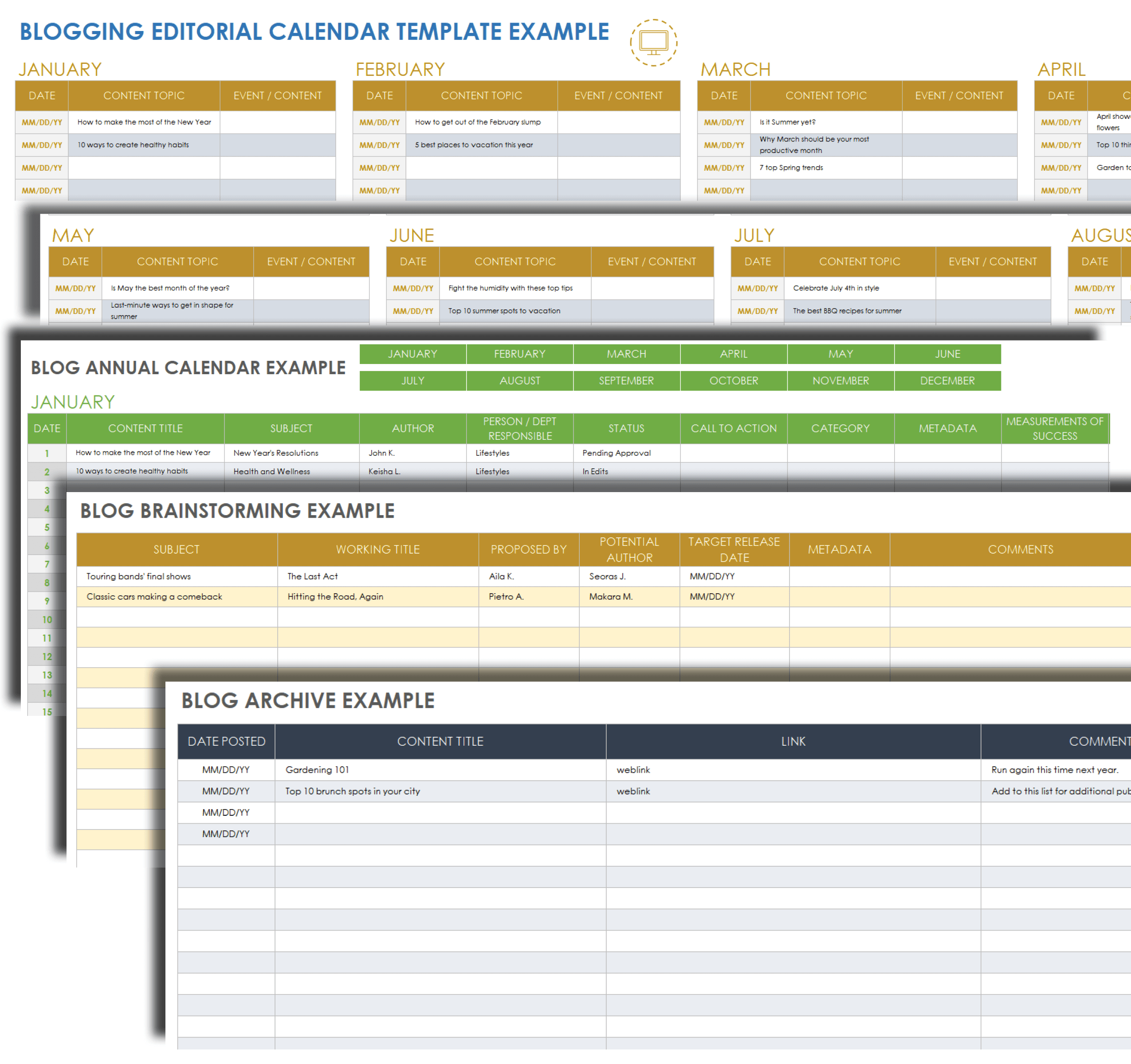 Blogging Editorial Calendar Example Template