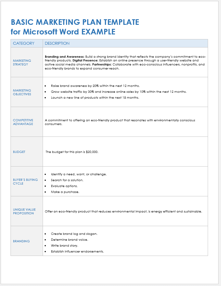 Basic Marketing Plan Example Template Word