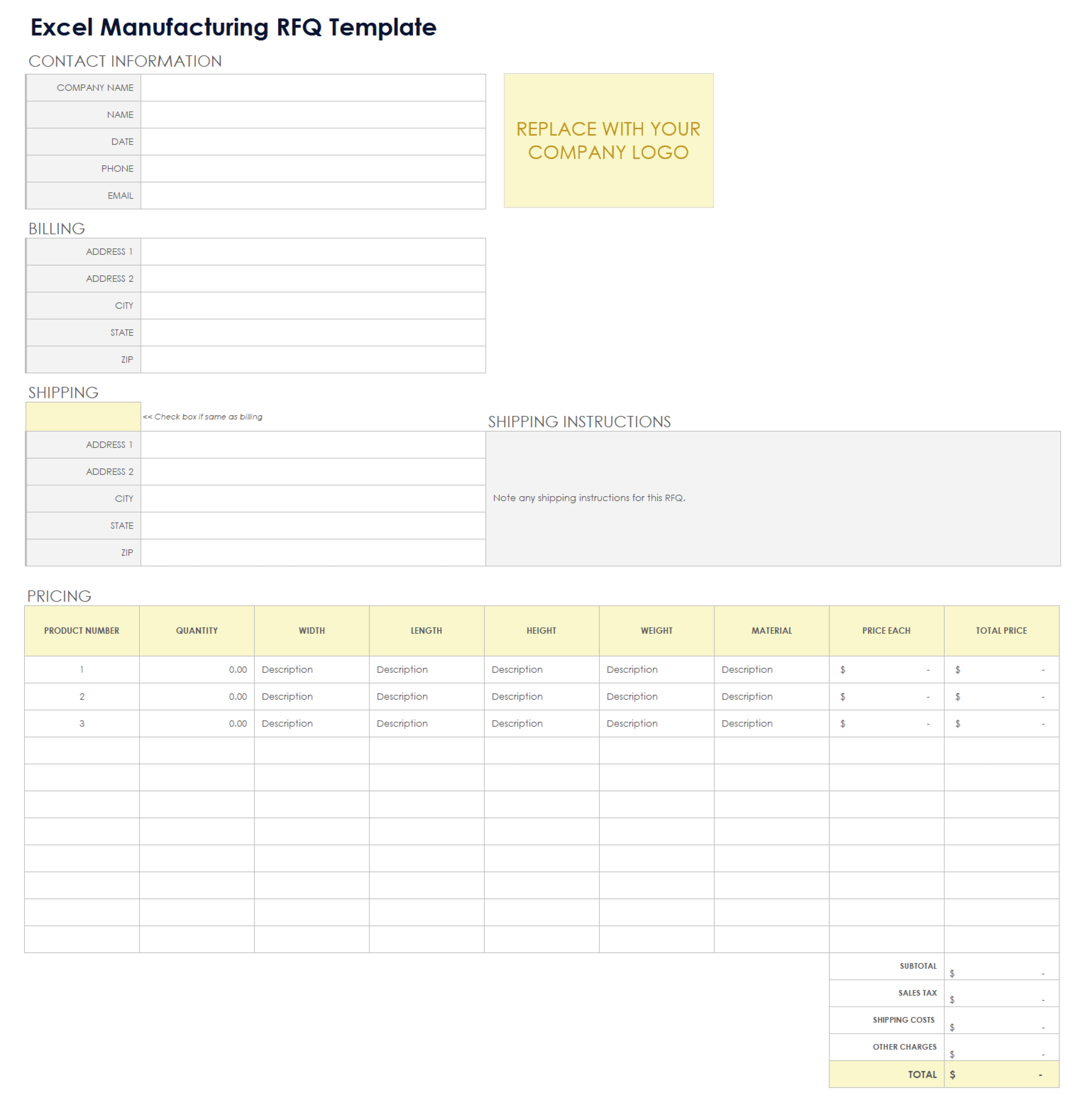 Excel Manufacturing RFQ Template