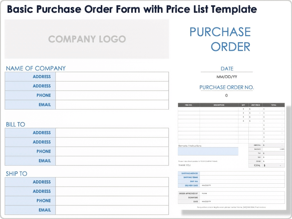 Basic Purchase Order Form with Price List Template