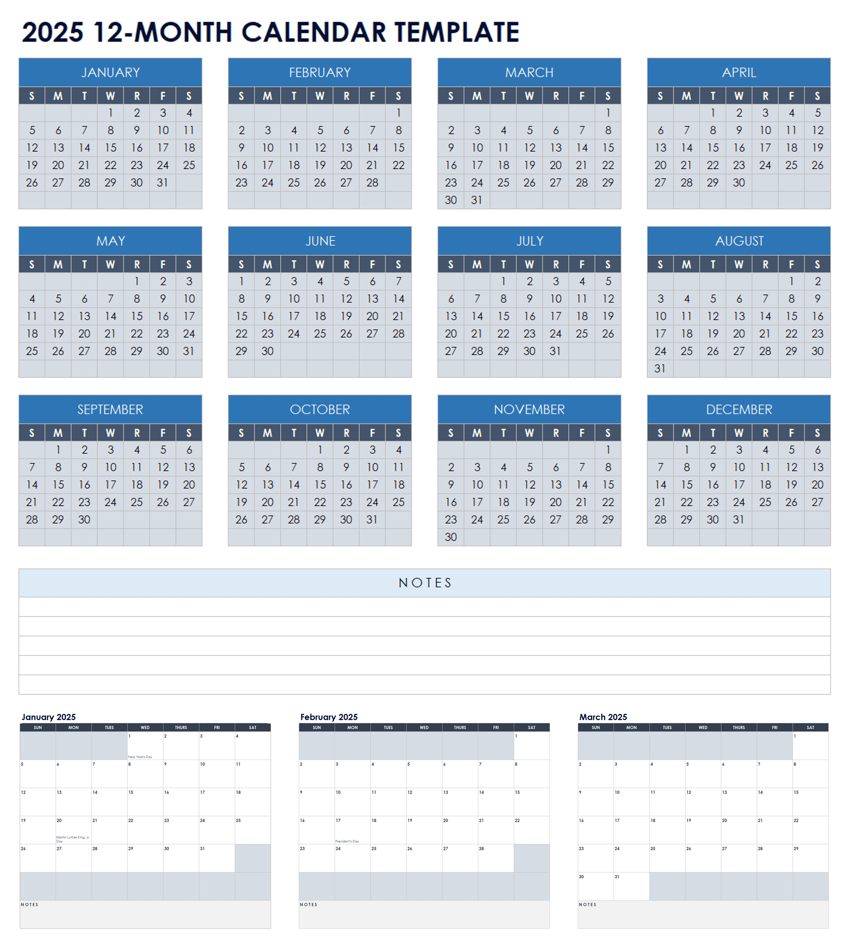 2025 12 Month Calendar Template