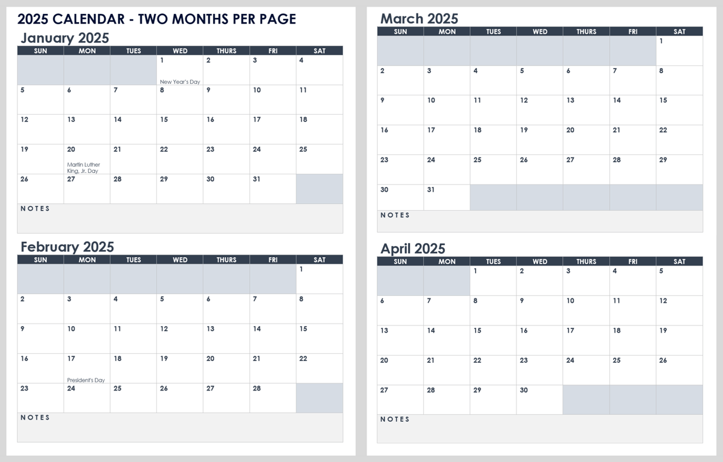 2025 Calendar Two Months Per Page