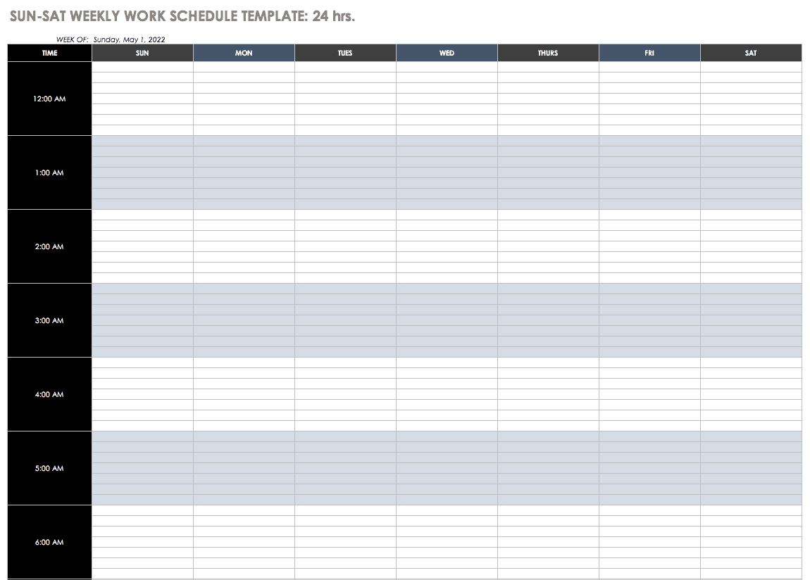 Sun - Sat 24h Weekly Work Schedule Template