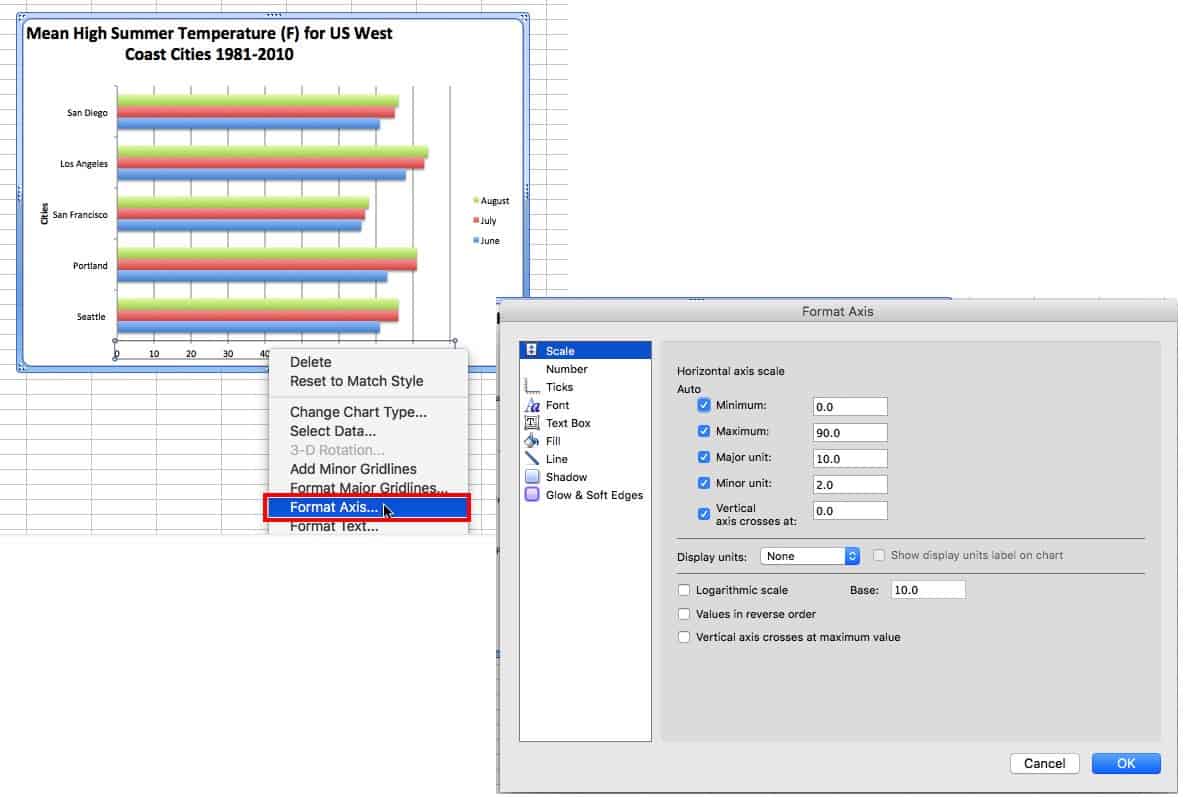 How to change display of chart axis in Excel