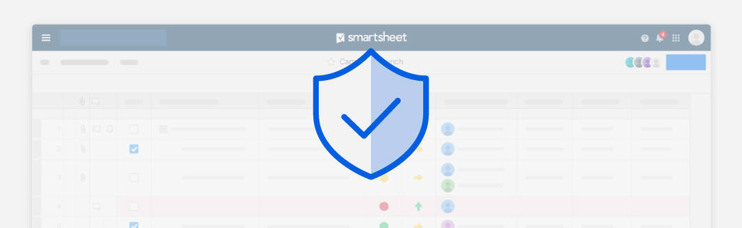 An icon of a checkmark inside a shield, Smartsheet platform as the background